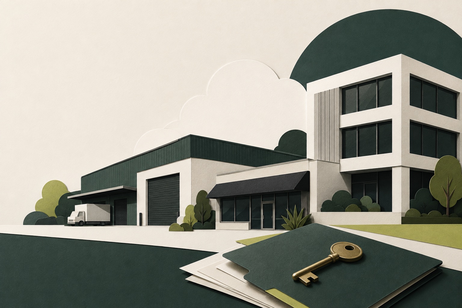 Editorial illustration of commercial buildings, a key and transaction documents in ANND green tones.
