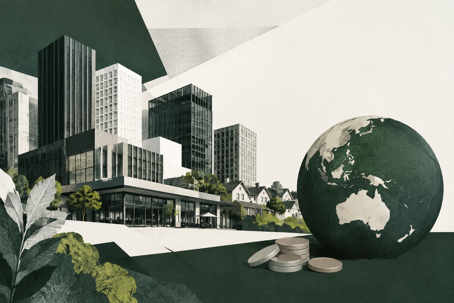 Editorial illustration of homes, commercial buildings, a globe and coins in ANND green tones.