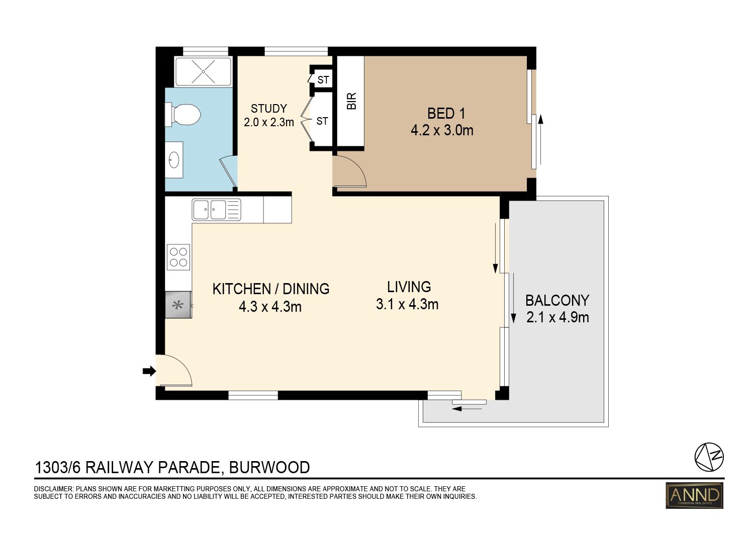One-Bedroom Apartment with Study and District Views — floor plan 1